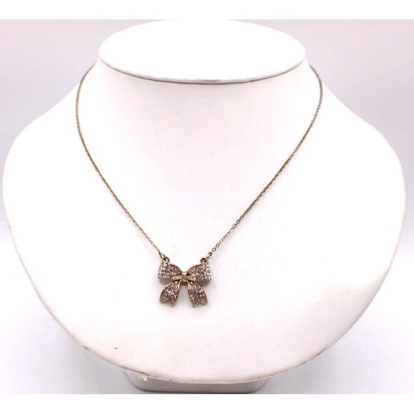 Rhinestone Sparkling Bow Pendant Necklace Gold Tone Vintage Delicate 18" - Picture 2 of 12